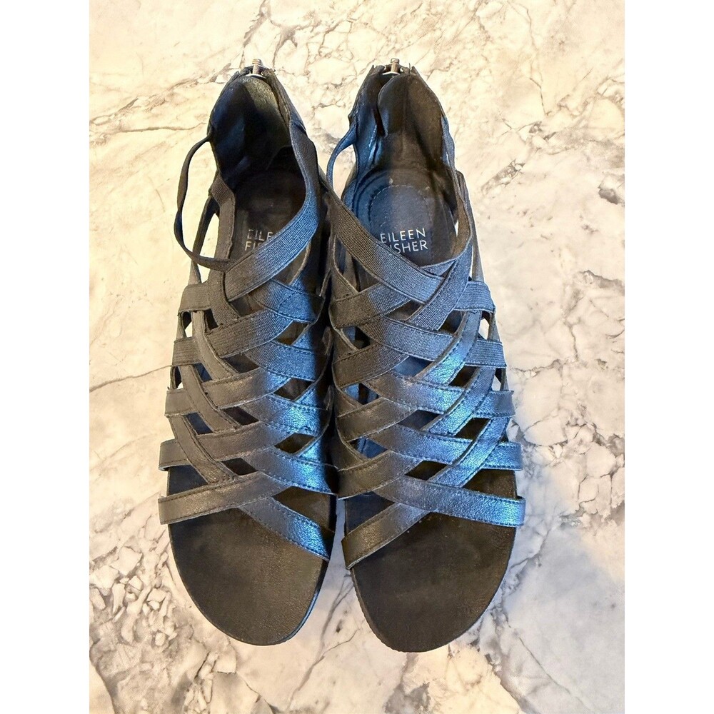 Eileen Fisher Women’s Size 6 Black Strappy Gladiator Sandals Back Zip Leather